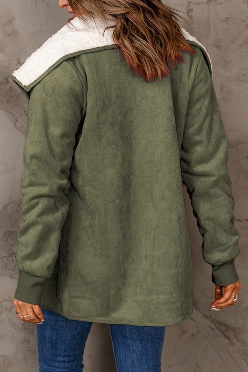 绿色人造绒面革羊毛衬里开襟夹克 LC8512408