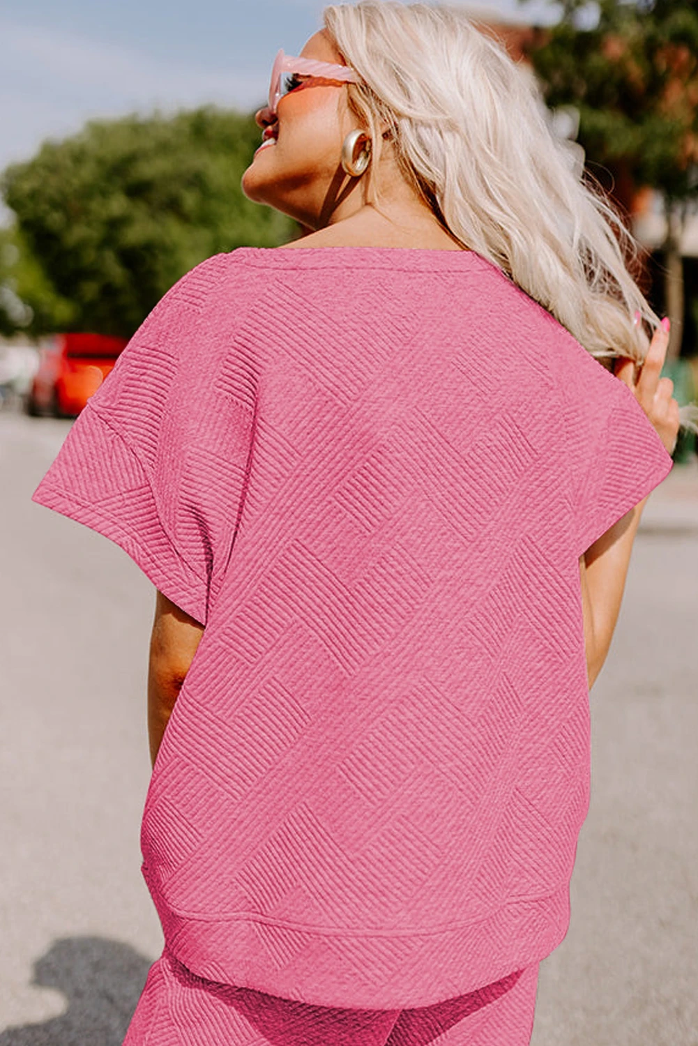草莓粉色纹理宽松T恤+抽绳裤套装 LC624971