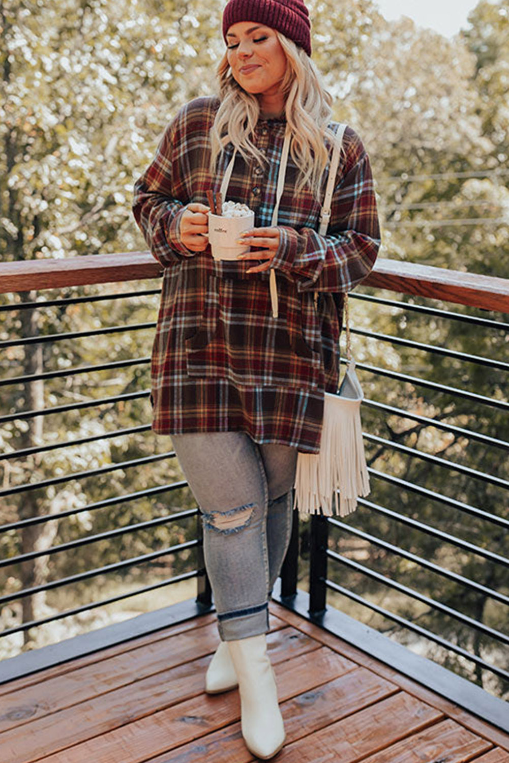 Women's Christmas Buffalo Plaid Kangaroo Pocket Hoodie - Holiday Color Block Long Sleeve Shirt Blouse