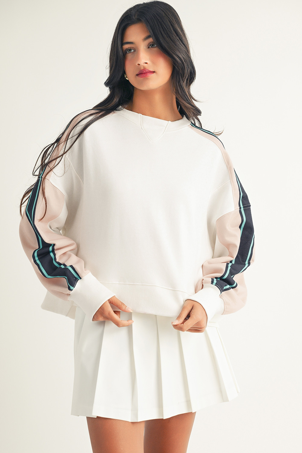 White Striped Color Block Exposed Seam Loose Active Sweatshirt