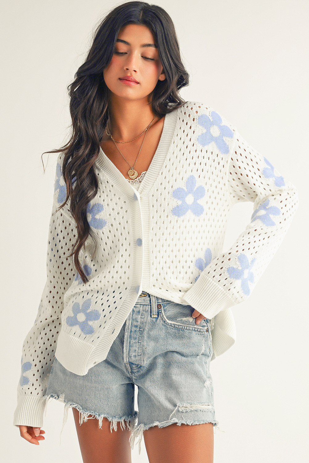 White Flower Knit Hollow Out Open Short Cardigan