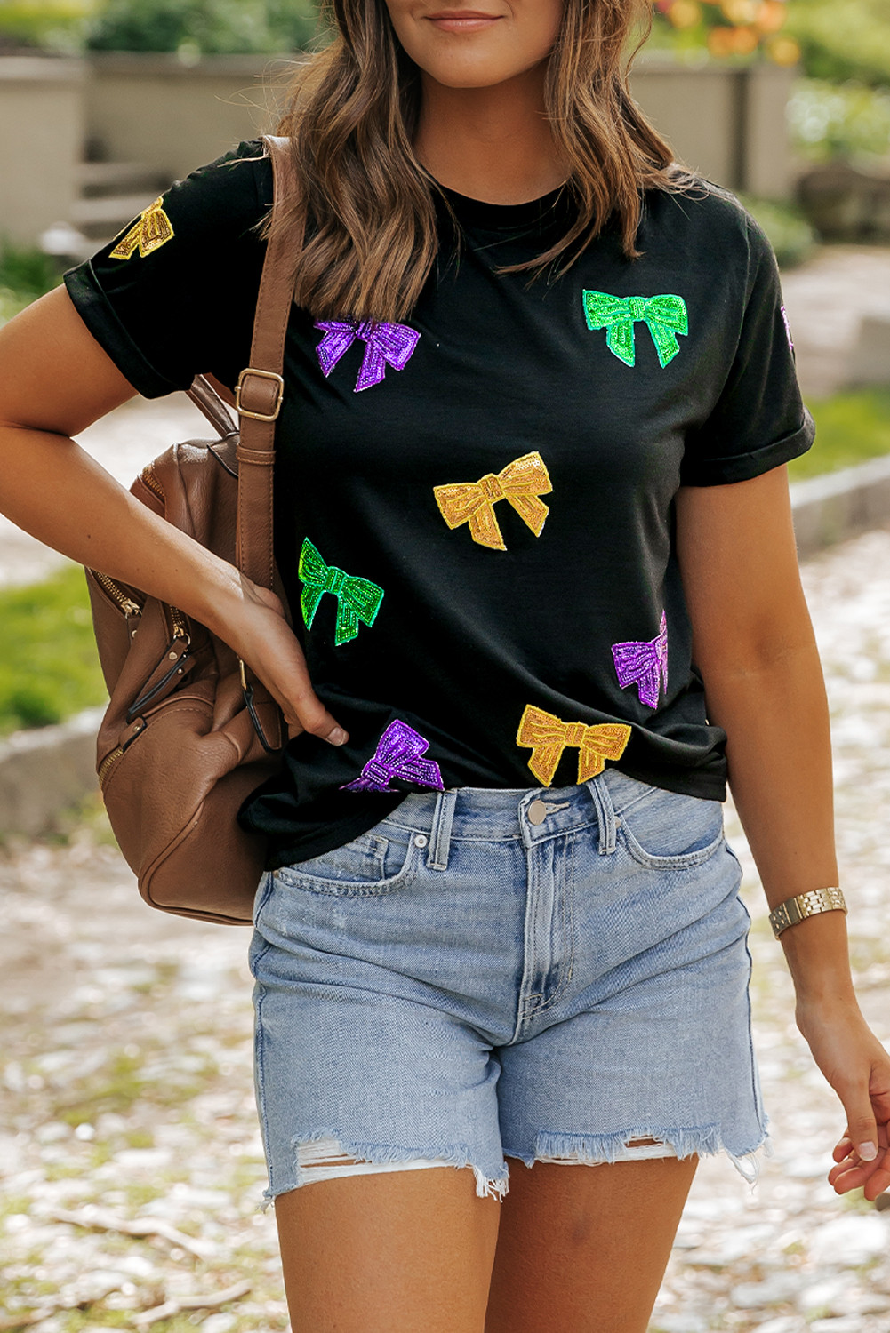 Black Mardi Gras Sequin Bow Knot Crew Neck T Shirt