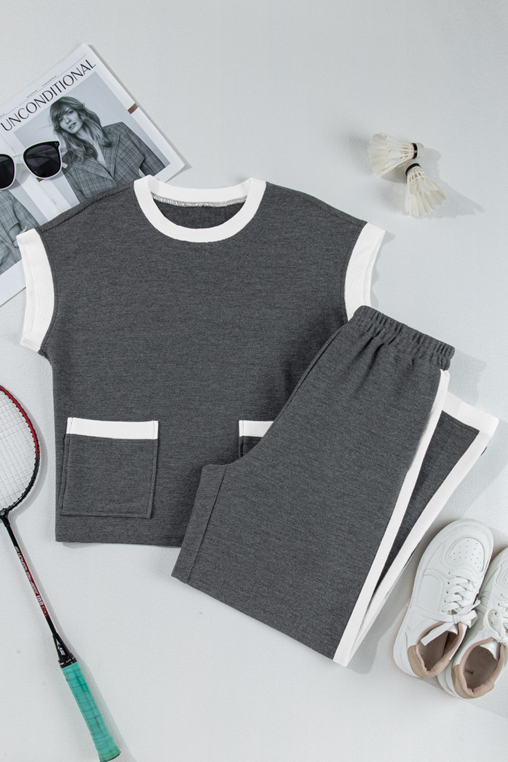 Dark Grey Color Block Pocketed T Shirt and Wide Leg Pants Set