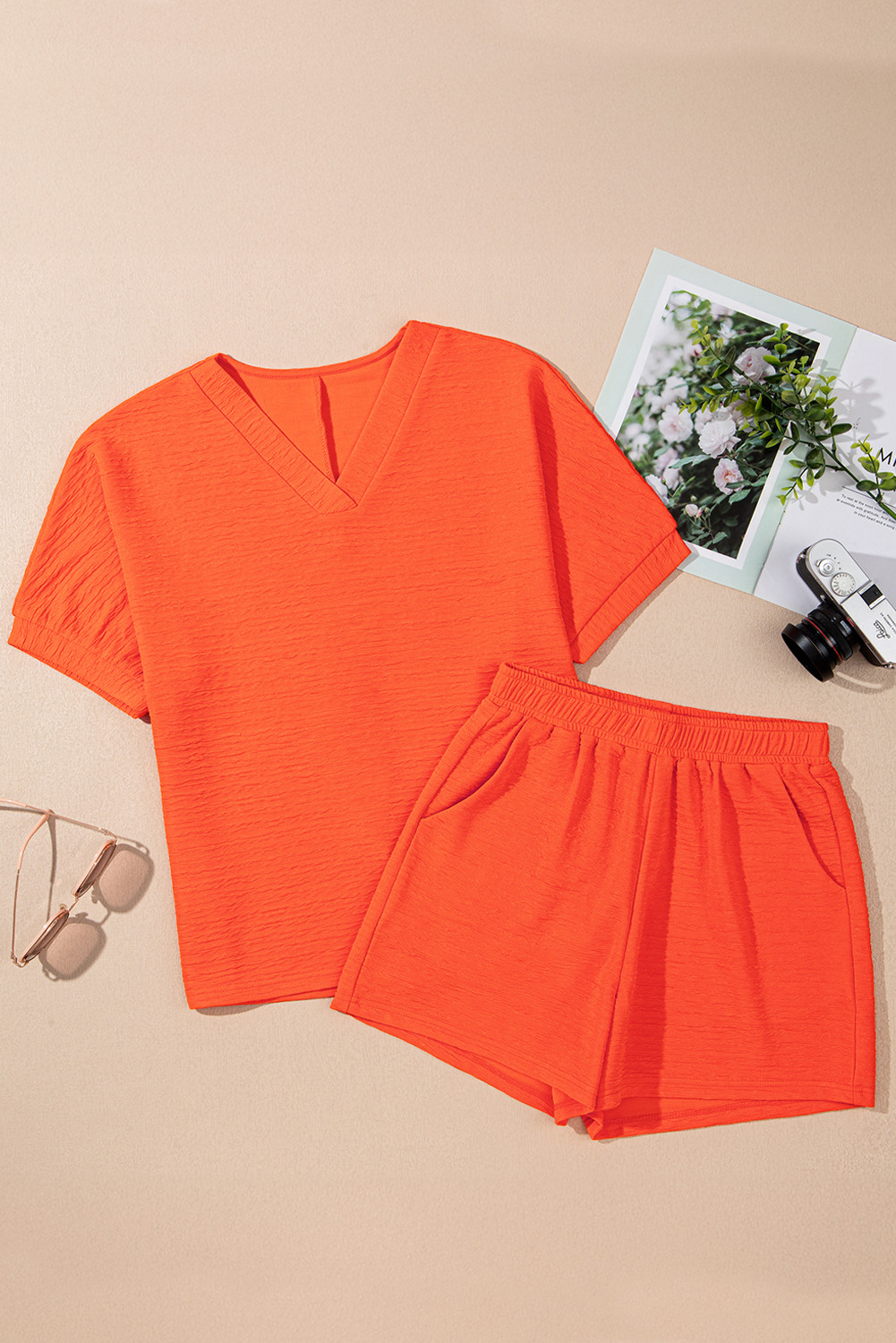 Orange Textured V Neck T Shirt and Shorts Set