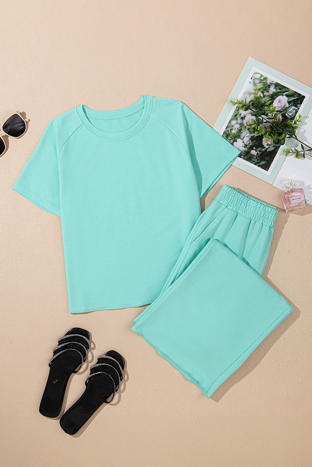 Mint Green Raglan Short Sleeve Tee and Wide Leg Pants Set