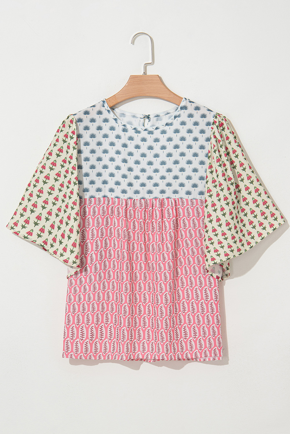 Red Floral Colorblock Flutter Cape Style Sleeves Blouse