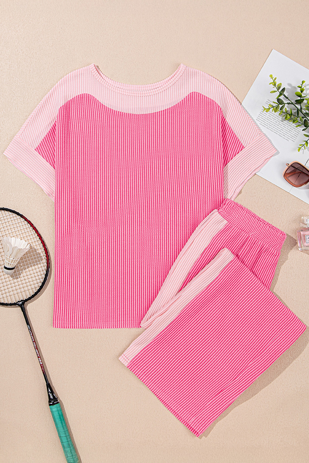 Sachet Pink 2-tone Colorblock Patchwork Corded 2pcs Outfit