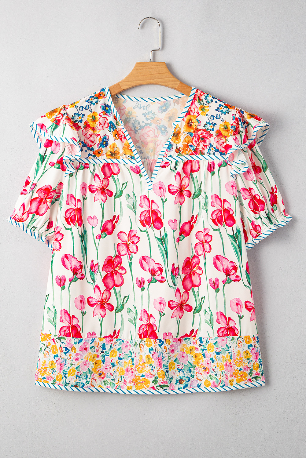 Pink Plus Size Floral Print Striped Trim V Neck Blouse