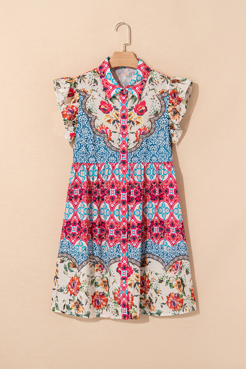 Rose Floral Mixed Pattern Ruffle Flutter Sleeve Buttoned Dress