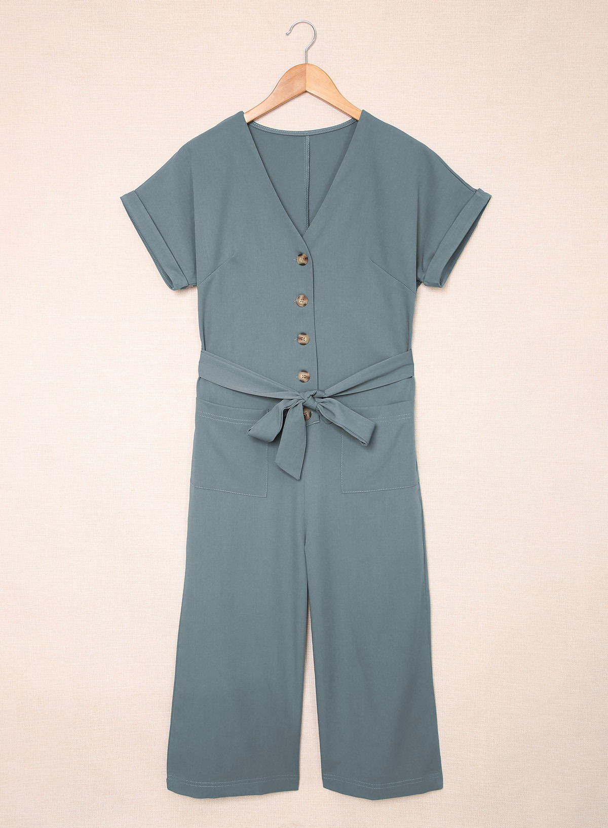Blue Dolman Button Belted V Neck Wide Leg Pocketed Jumpsuit
