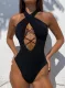 Women's One-piece Swimsuits Solid Criss Cross Cut-out Halter Padded Basic One-piece Swimsuits