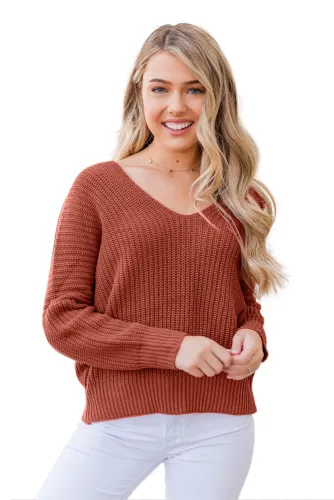 Red Carry On Knit V Neck Pullover Sweater