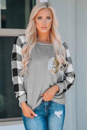 Gray Plaid Splicing Sequined Pocket Long Sleeve Top