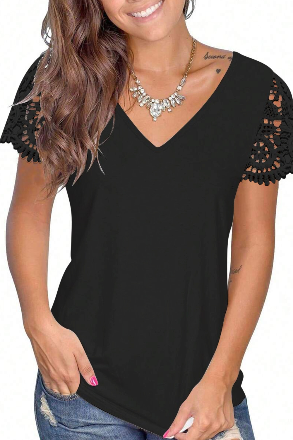 Color black EMERY ROSE Maglietta casual da donna con scollo a V, tinta unita, con inserti in pizzo e volant sulle maniche, versatile, taglie comode