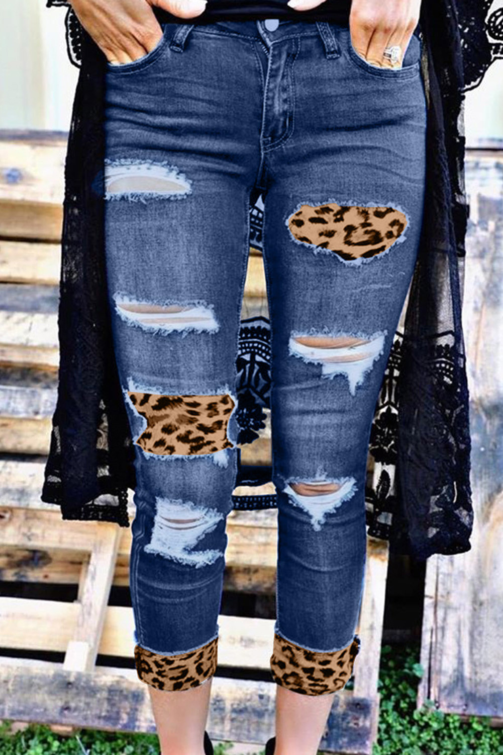 Dropship Jeans US 12.08Distressed Leopard Patches Blue Skinny Jeans