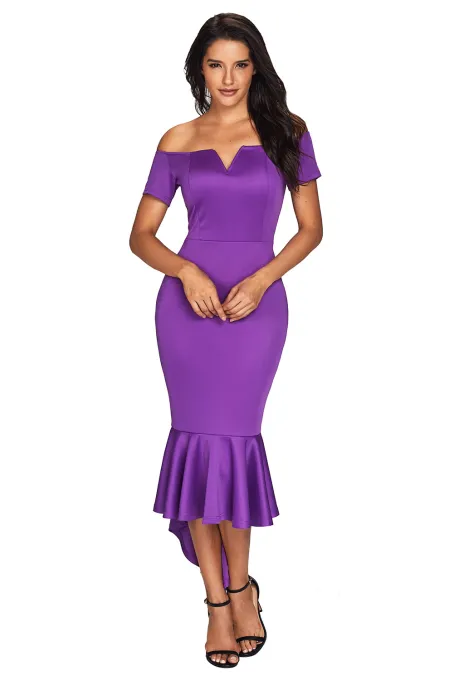 紫色露肩短袖美人鱼连衣裙
