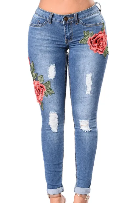 花卉刺绣膝盖磨损紧身牛仔裤