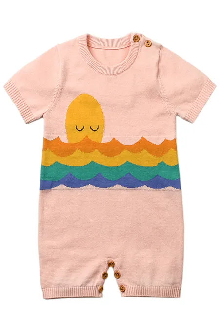粉色可爱的害羞太阳图案针织T恤婴儿哈衣