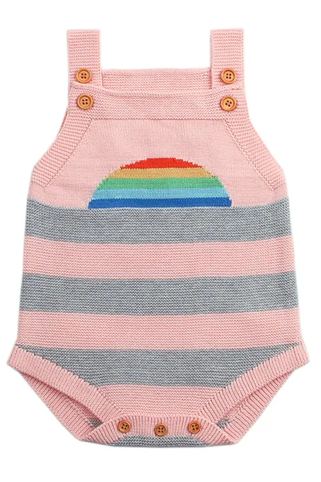 粉色彩虹图案针织婴儿连体衣