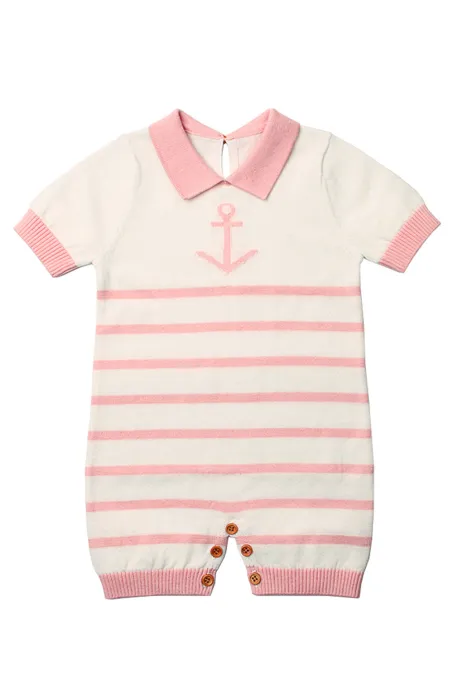 粉红色锚条纹针织婴儿连衫裤