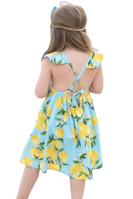 水蓝柠檬印花后背自系带女童连衣裙