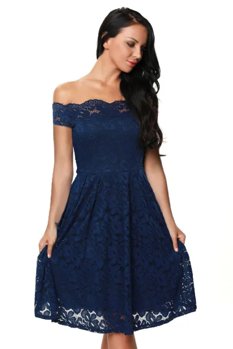 蓝色蕾丝性感一字领短袖高腰设计连衣裙