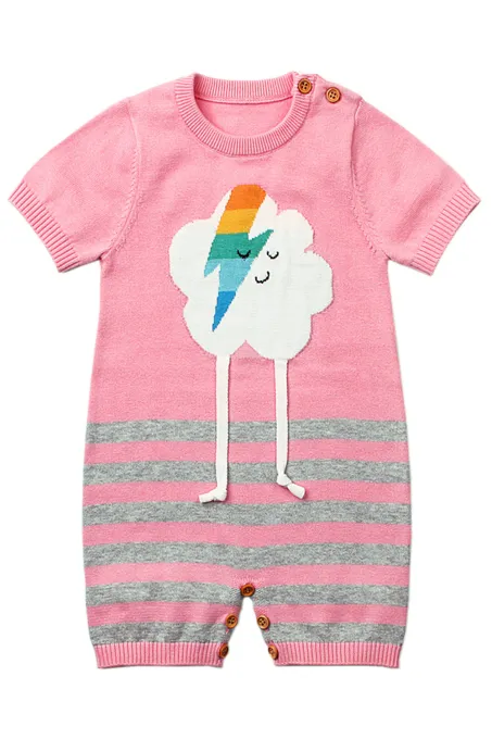 粉色可爱的云朵图案针织新生婴儿哈衣
