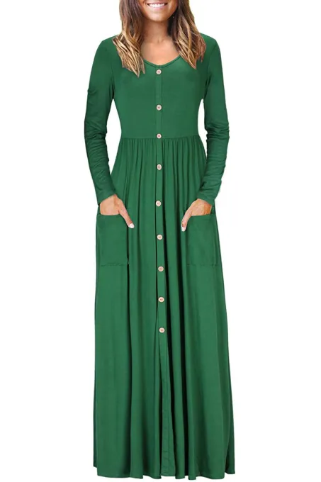 深绿色正面纽扣两侧口袋休闲长裙