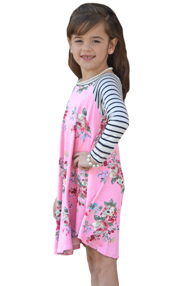 粉色花卉印花条纹袖女孩可爱短裙 TZ22022
