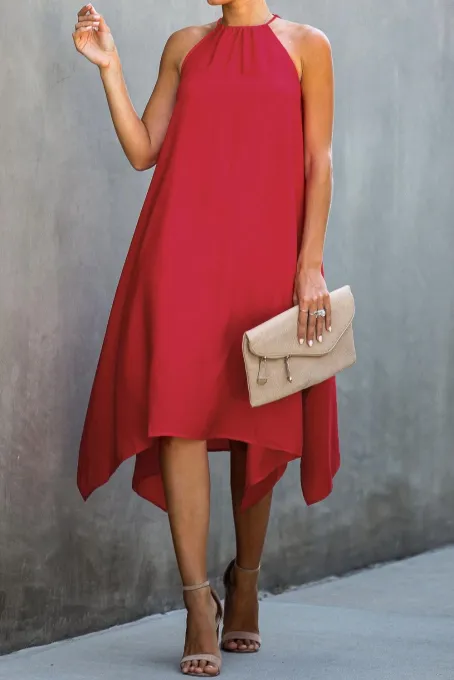 红色时尚休闲无袖不对称下摆中长连衣裙