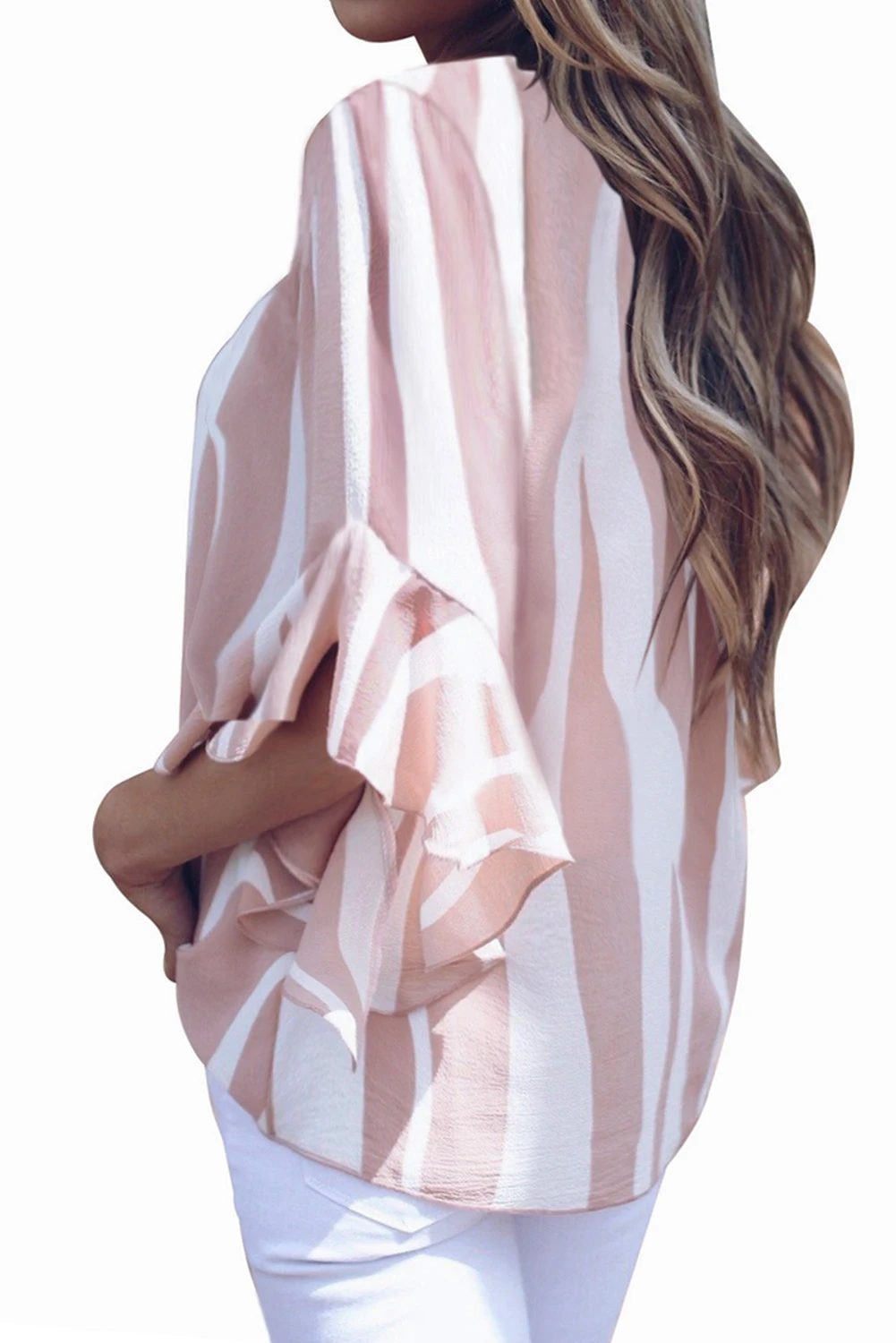 粉色时尚垂直条纹V领3/4袖衬衫 LC252269