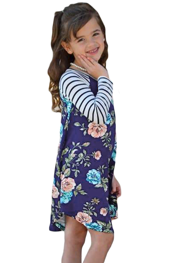 蓝色花卉印花条纹袖女孩可爱短裙 TZ22022