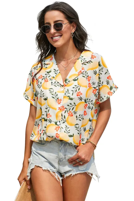 柠檬水果度假印花翻边短袖透气休闲女士衬衫