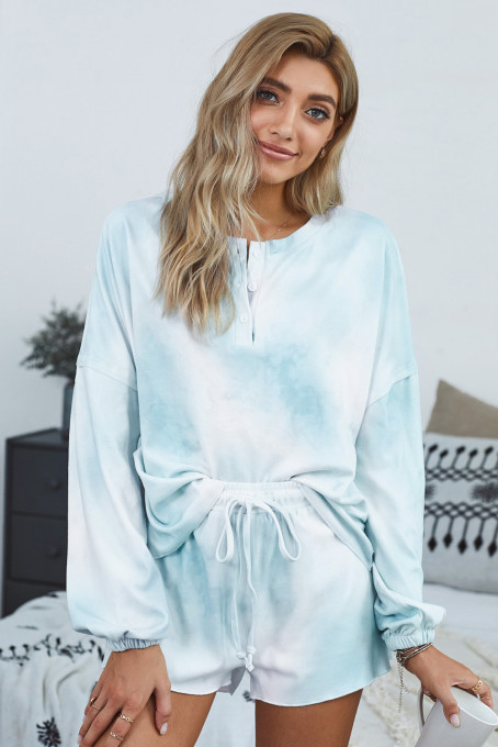 浅蓝色时尚扎染长袖纽扣领抽绳束带家居睡衣套装