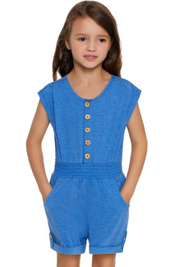 天蓝色圆领短袖正面排扣时尚可爱小女孩连身裤