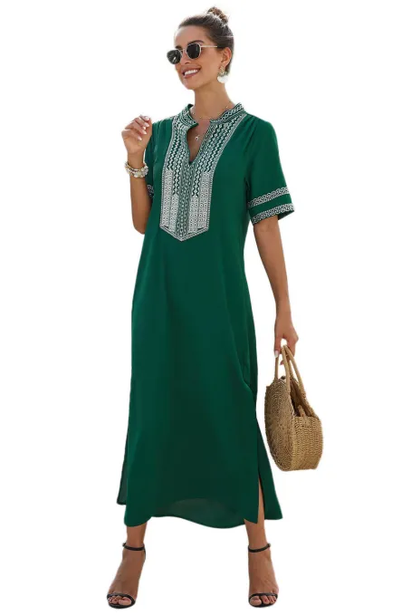 绿色波西米亚度假印花侧开衩长款连衣裙