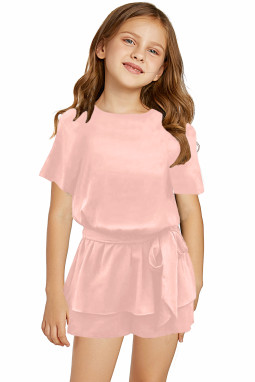 粉色圆领短袖时尚腰带可爱小女孩连衣裤