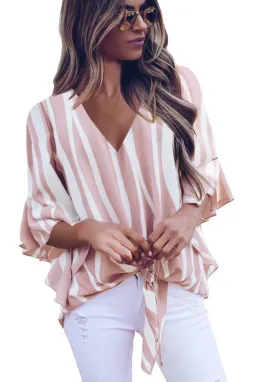 粉色时尚垂直条纹V领3/4袖衬衫