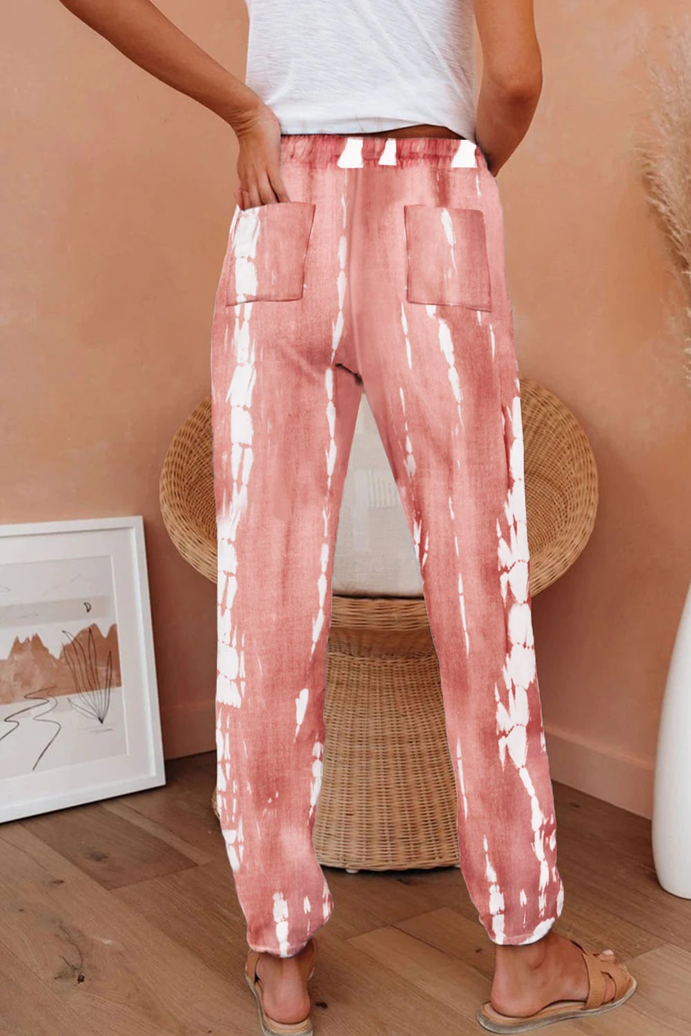 粉色扎染针织前后口袋束脚舒适休闲裤 LC77492