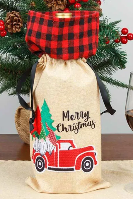 圣诞快乐格子矮人卡车酒瓶袋