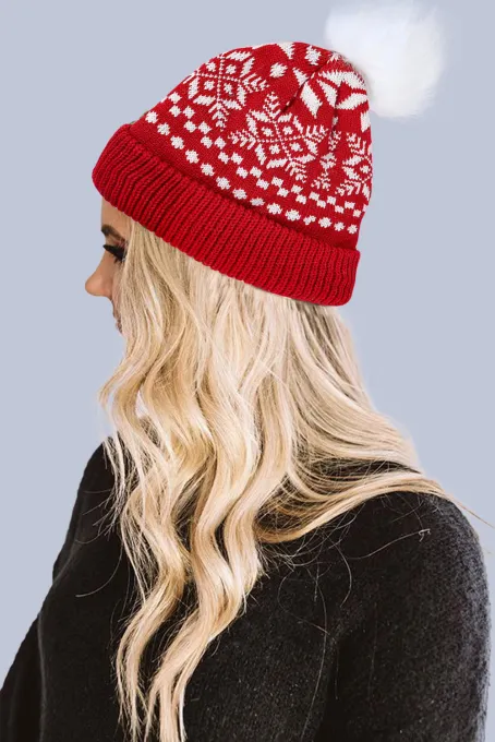 红色圣诞节印花针织毛线帽