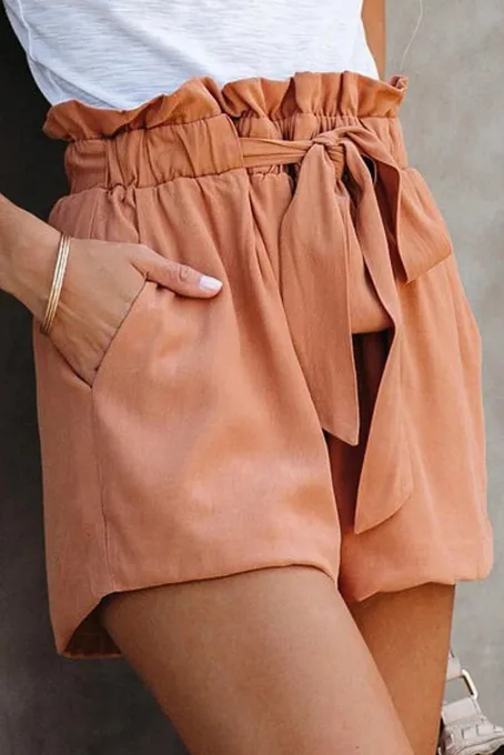 橙色荷叶边绑腰纯色舒适休闲短裤