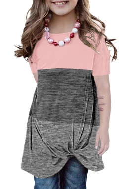 粉色撞色圆领短袖扭结可爱小女孩舒适上衣