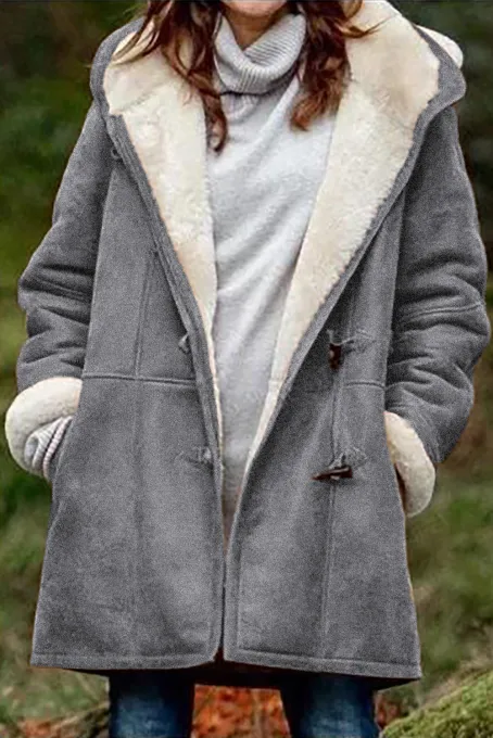 灰色长袖纽扣口袋舒适保暖毛绒连帽大衣外套