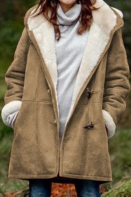 棕色长袖纽扣口袋舒适保暖毛绒连帽大衣外套