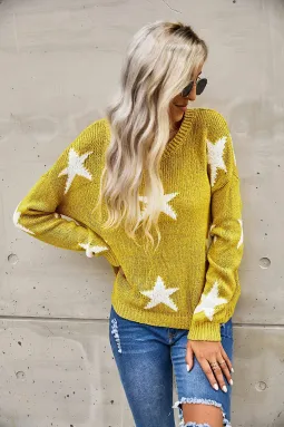 黄色圆领长袖星星图案舒适针织毛衣