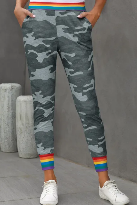 彩虹条纹灰色迷彩休闲裤