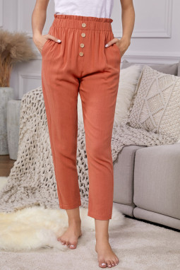 橙色亚麻混纺排扣装饰侧口袋纸袋腰休闲裤