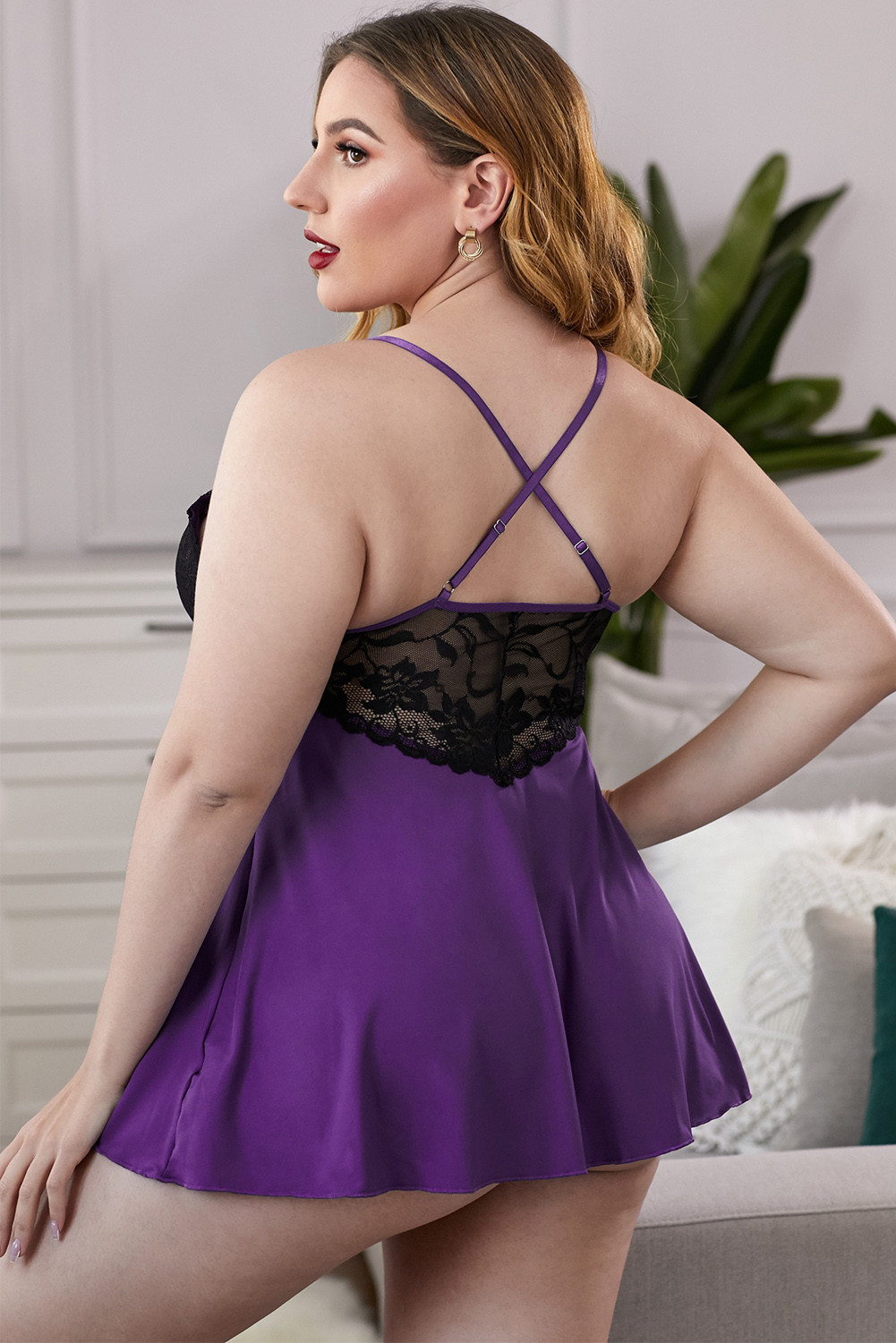 紫色蕾丝拼接性感大码情趣内衣裙 LC31324