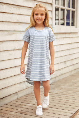 灰色拼色条纹圆领短袖舒适可爱小女孩连衣裙